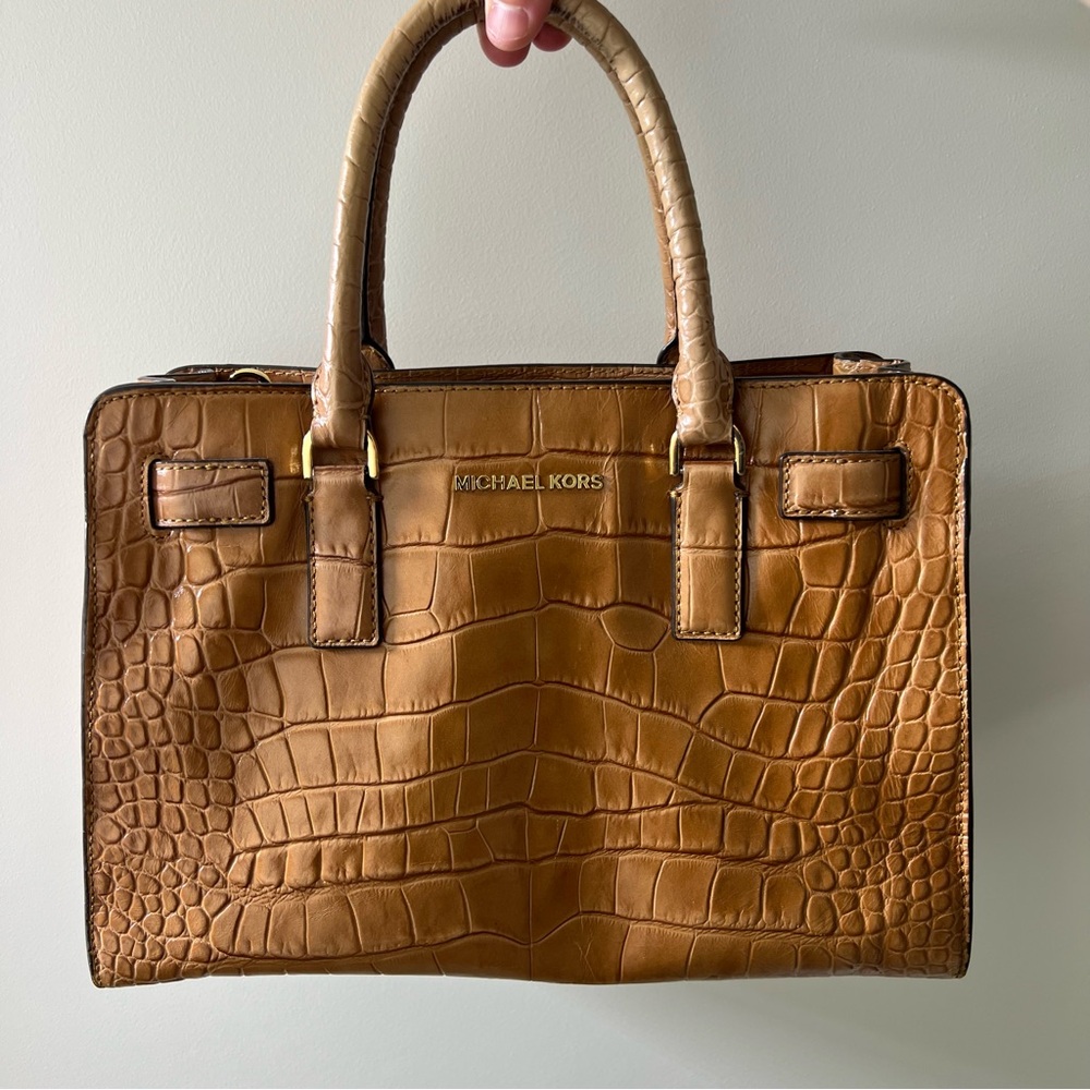 Michael Kors Dillon Croc-Embossed Cow-Hide Leather Satchel Bag Walnut